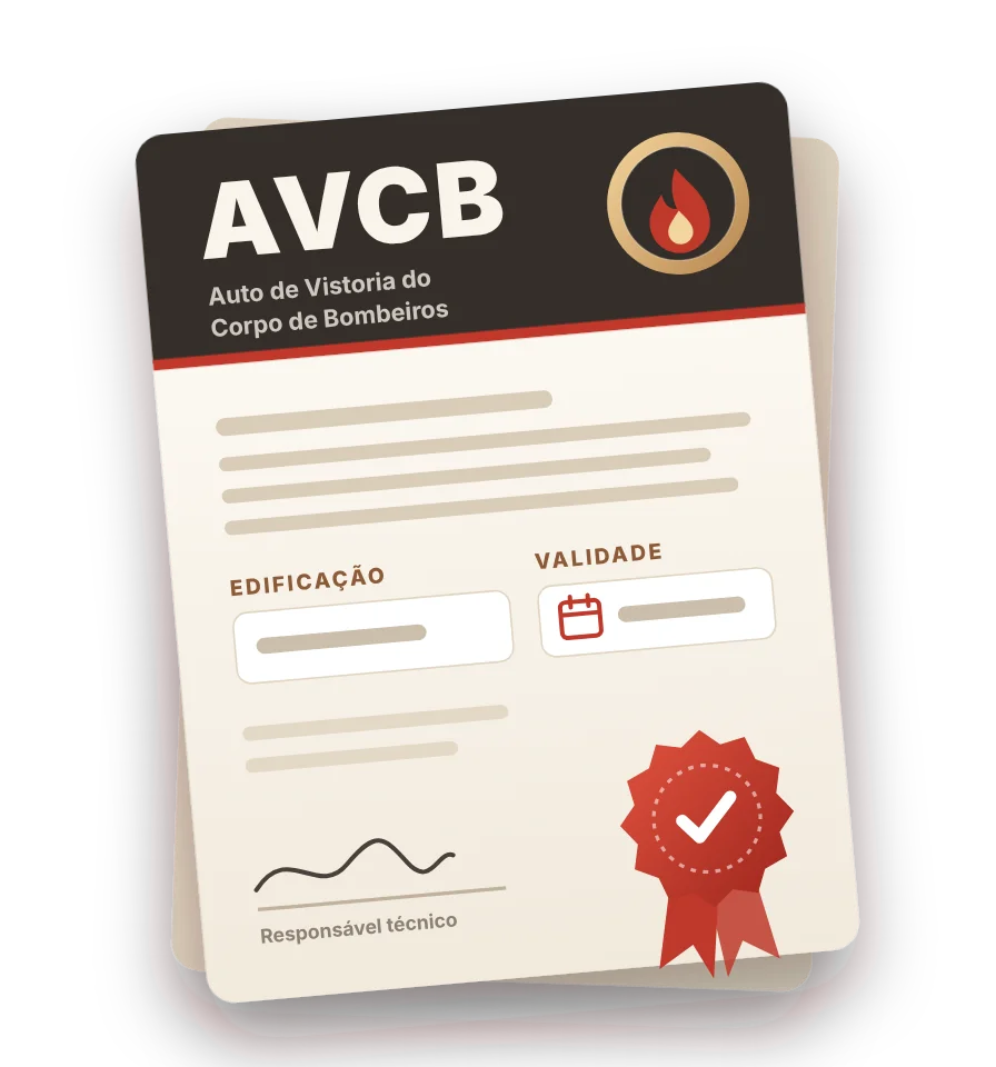 Ilustração de um Auto de Vistoria do Corpo de Bombeiros (AVCB) com selo de conformidade