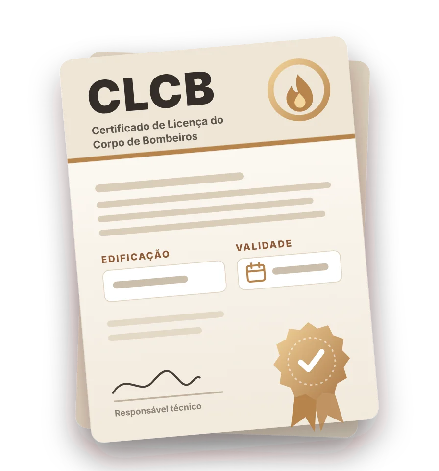 Ilustração de um Certificado de Licença do Corpo de Bombeiros (CLCB) com selo de conformidade