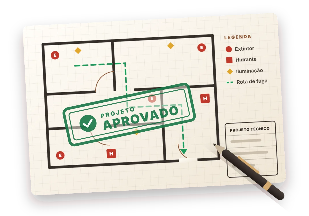 Ilustração de planta baixa de projeto de segurança contra incêndio com extintores, hidrantes, iluminação e rota de fuga, carimbada como projeto aprovado