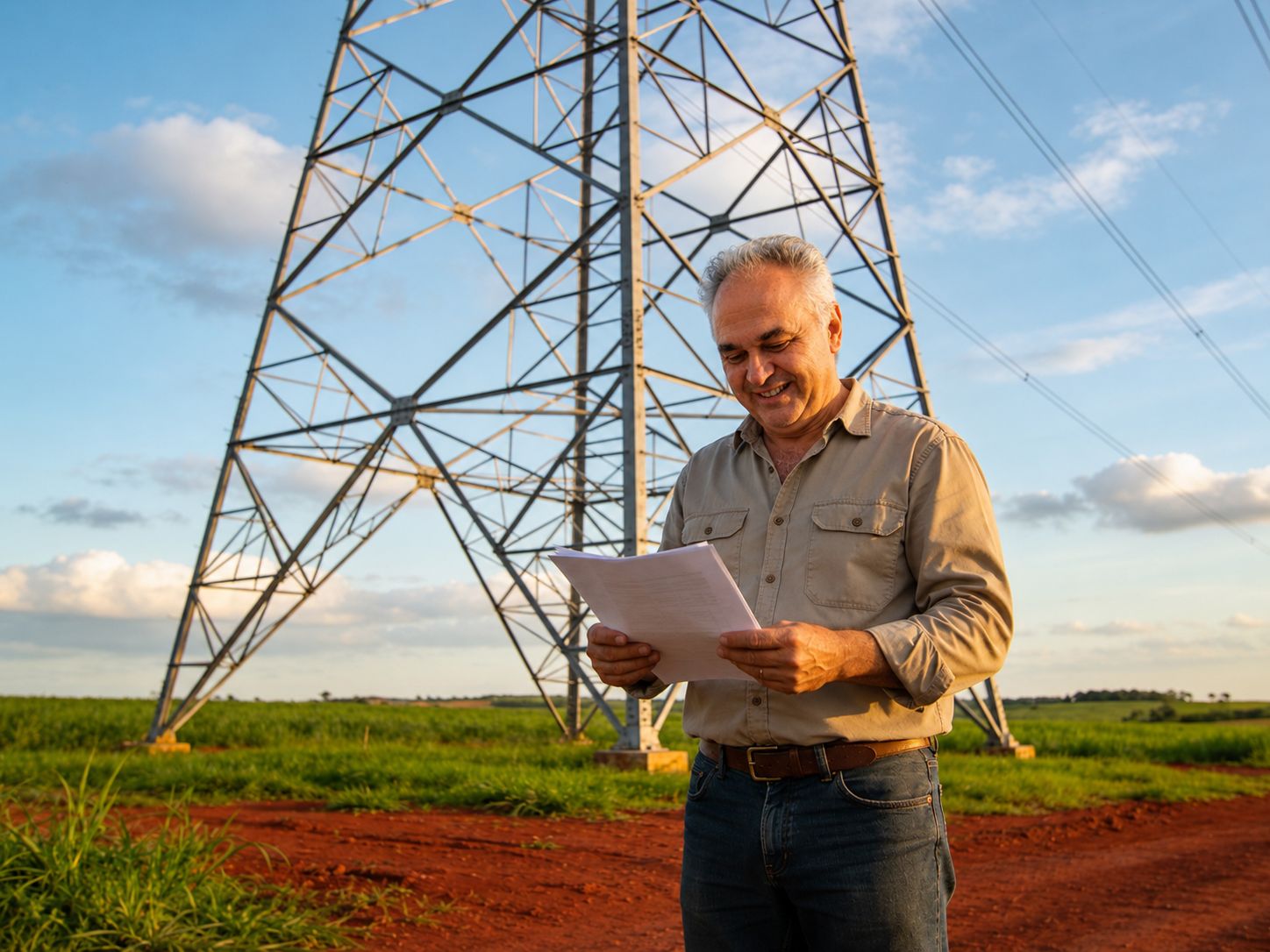 Proprietário rural analisando proposta de indenização de linha de transmissão em sua propriedade